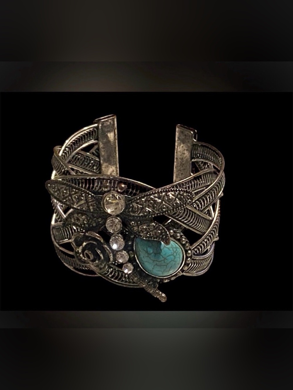 Dragonfly Faux Turquoise Silver Tone Cuff Bracelet #7295 💎 - Picture 2 of 7